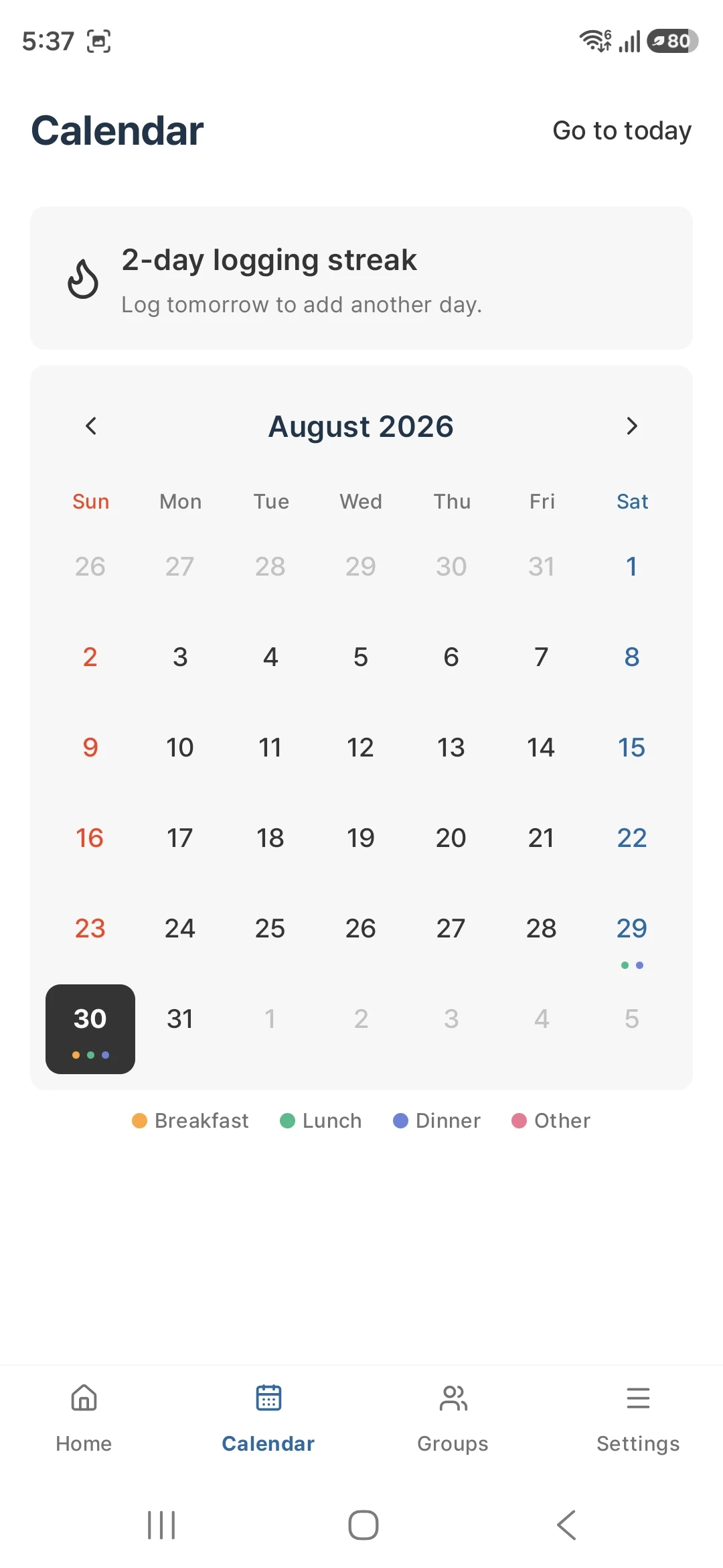Meal records displayed by date on the kkirok calendar