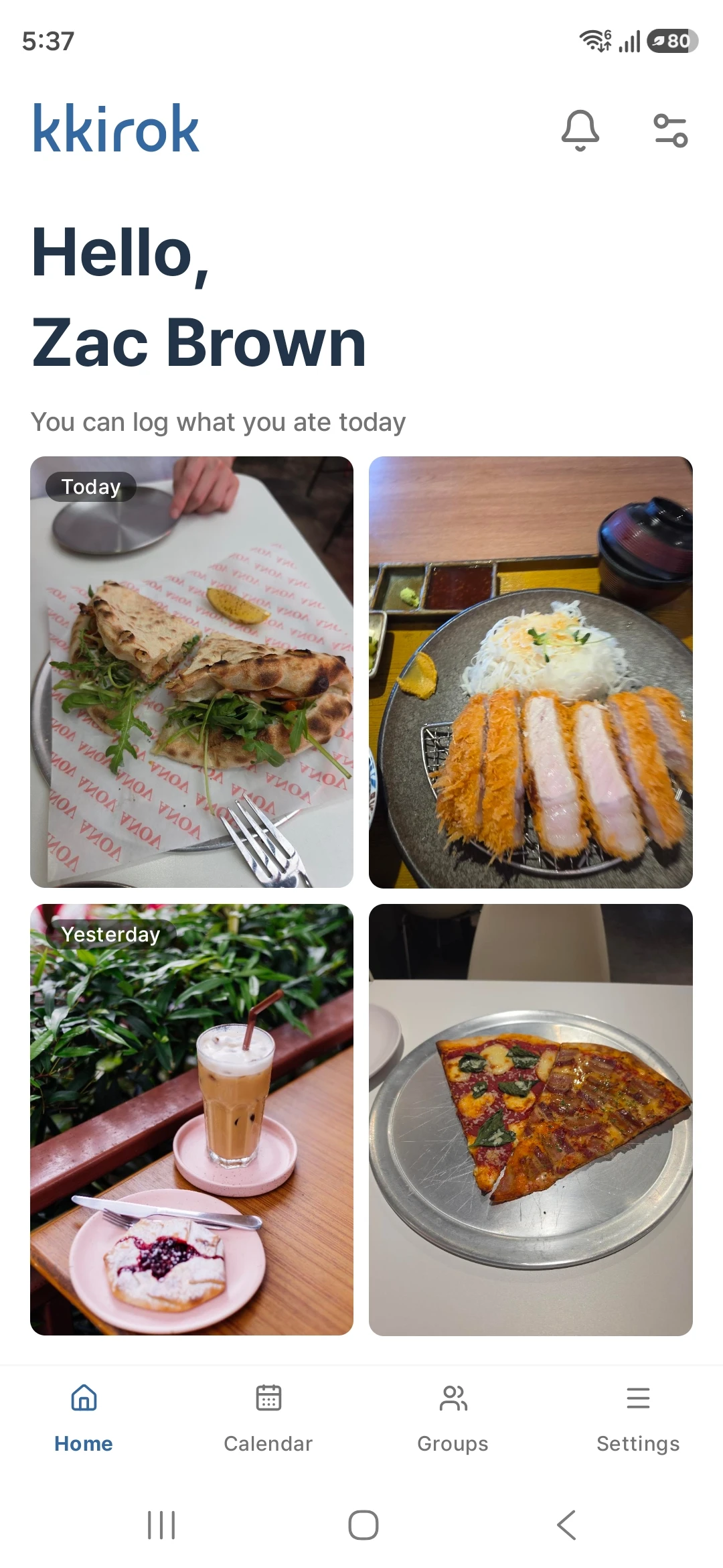 kkirok home screen showing today's meal records