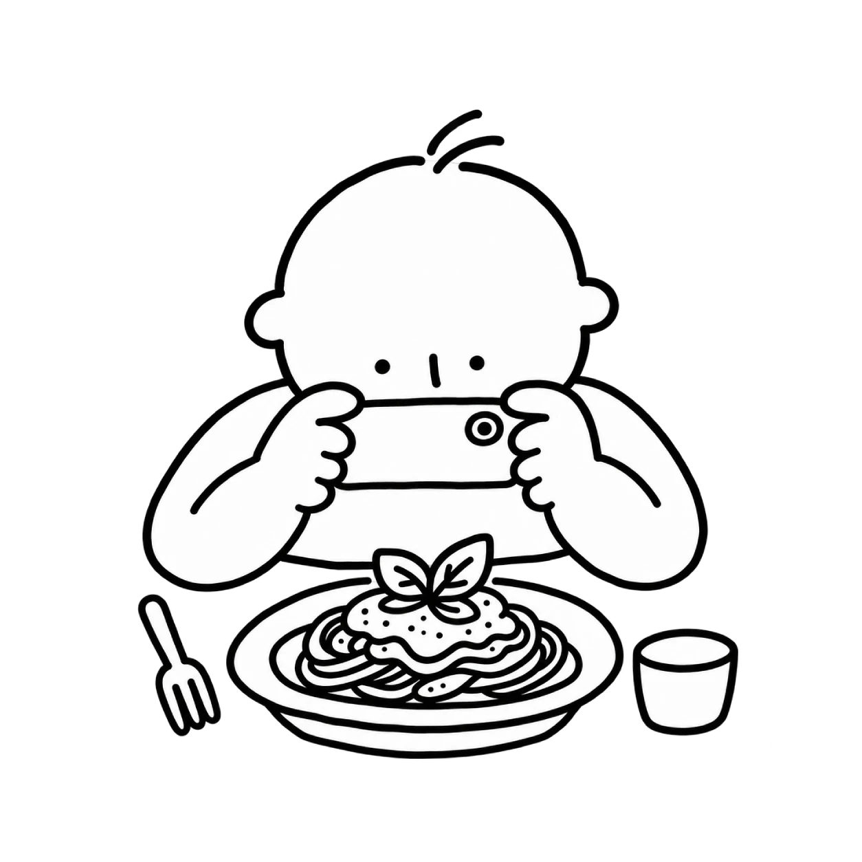 Illustration of someone taking a photo of their meal at the table